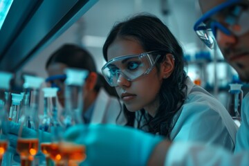 Team of scientists, both men and women, engaged in research and development activities in a cutting-edge laboratory, using advanced technology to explore new frontiers.