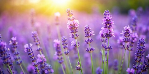 Fototapeta premium Lavender flowers border with soft focus background, lavender, flowers, border, purple, blooming, garden, aromatic, botanical