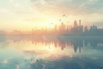 Obraz premium Urban skyline reflected in water's surface, A serene and tranquil city skyline with a feeling of peace and serenity, AI generated