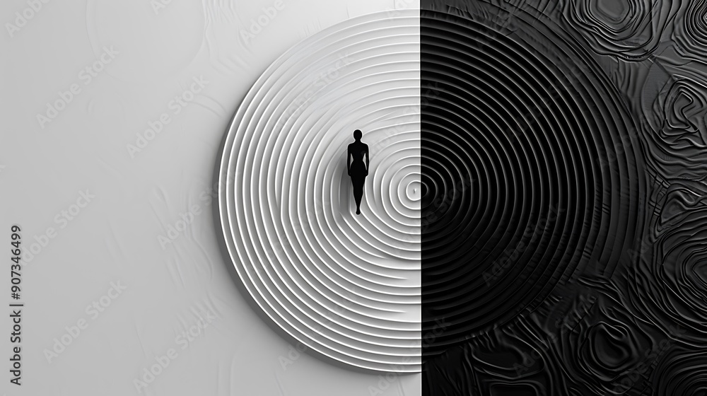 Poster silhouette of a person walking on a white circle with concentric circular patterns, separated by a v