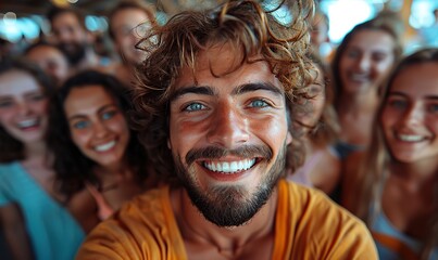 A joyful group of young people is taking a selfie indoors, with smiling individuals laughing at the camera and highlighting youth community and technology.