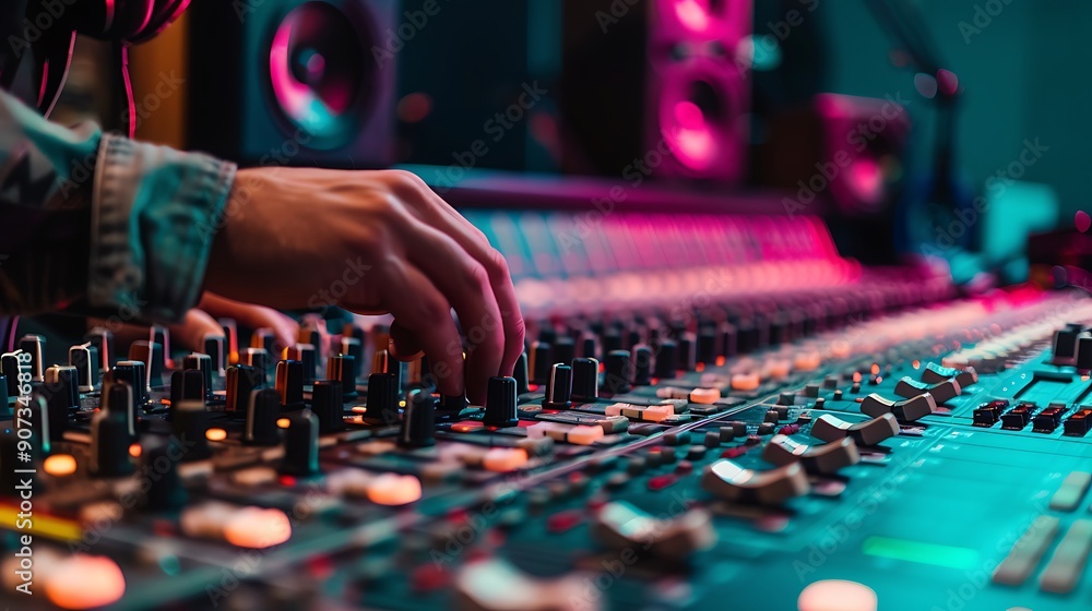 Poster sound engineer's hand adjusting knobs on a large mixing console in a recording studio.
