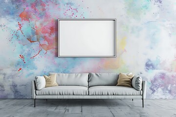 Modern room with a single sofa, white frame on ghost white wall, and vivid color highlights