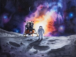 A watercolor scene depicting space science, featuring astronauts on a mission in a lunar landscape. 