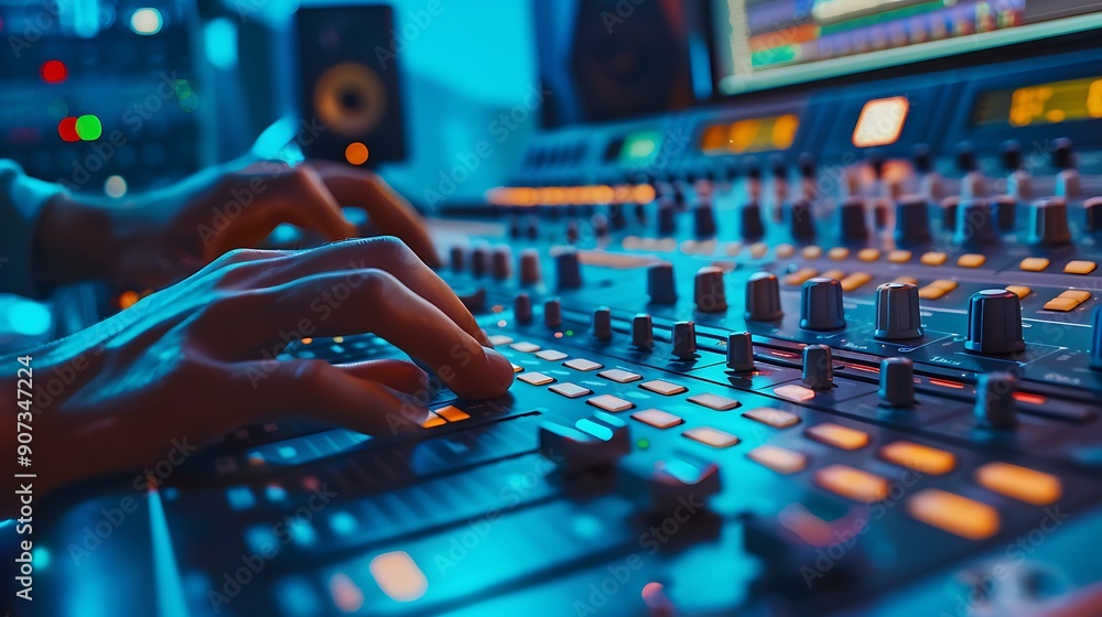 Poster close up shot of a sound engineer's hands manipulating a mixing console during an audio recording se