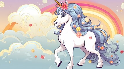 Fototapeta premium A vibrant cartoon unicorn with a rainbow mane, ideal for children's designs and fantasy themes.