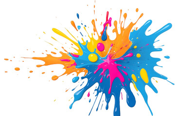 A dynamic and vibrant image capturing an explosion of colorful paint splashes in orange, blue, yellow, and pink hues, isolated on a transparent background. 