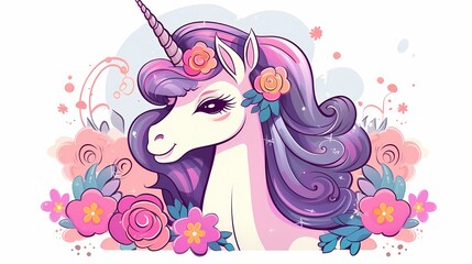 A vibrant cartoon unicorn with a rainbow mane, ideal for children's designs and fantasy themes.