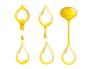 A detailed vector illustration set of yellow oil drops in various forms, isolated on a transparent background. 