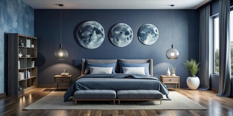 Dark blue and gray bedroom interior with moon posters on the walls, dark blue, gray, bedroom, interior design