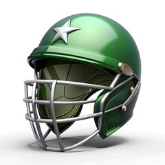 Fototapeta premium A green Pakistani cricket helmet with star detailing is displayed, symbolizing protection, sportsmanship, and the passion of the game for players and fans alike.