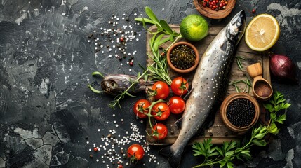 Healthy meal with black caviar sturgeon and fresh stellate sturgeon on rustic background