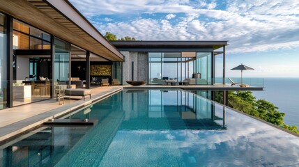 Fototapeta premium A contemporary home with a cantilevered structure, large glass windows, and an outdoor infinity pool that seamlessly blends with the horizon.