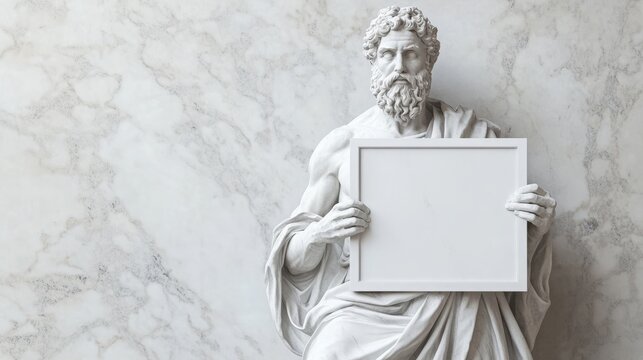 Classical Wisdom in a Modern Framework: Ancient Philosopher Statue with Digital Display, Ideal for Educational Platforms, Clean and Simple Background