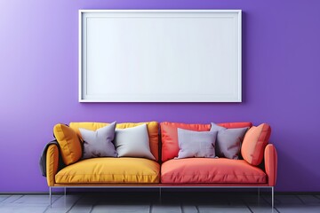 Sleek minimalist space with single sofa, white frame on lavender backdrop, and vivid color splashes