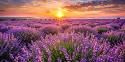 Obraz premium Field of purple lavender flowers with sun setting in background, lavender, flowers, field, purple, sunset, sun, nature