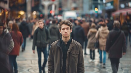 Fototapeta premium The young man stands in the middle of crowded