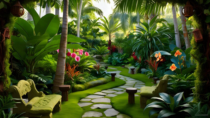 A lush, tropical garden with a variety of exotic plants and a meandering, stone path