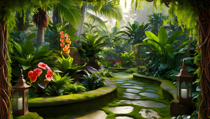 A lush, tropical garden with a variety of exotic plants and a meandering, stone path