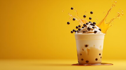 Bubble Tea Splash, Cup of bubble tea with splashing boba pearls, Dynamic Refreshment.