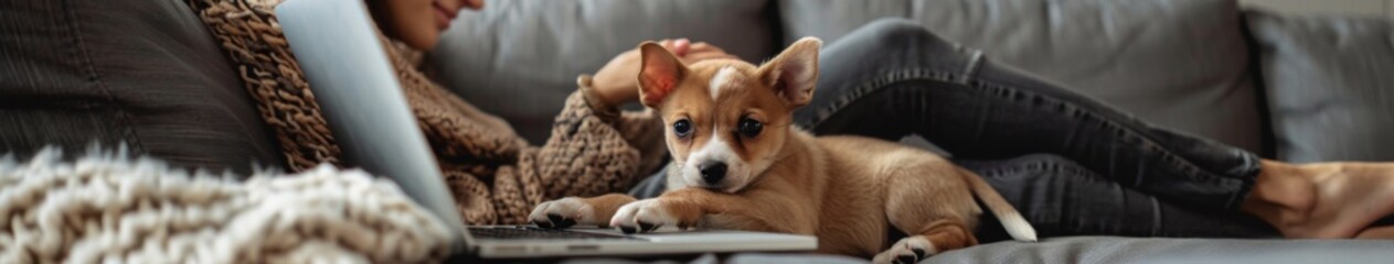 Obraz premium Cozy Couch Companionship: A Person Cuddling Their Chihuahua Puppy with a Laptop Open Nearby, Exuding Warmth and Leisure