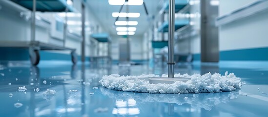 Hospital floor being mopped, blue and white hues, clear sharp focus, professional color grading,...