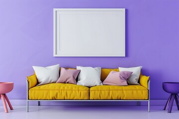 Stylish Minimalist Space Featuring One Sofa and White Frame on Lavender Wall
