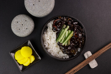Jjajang Bap is Rice with Black Bean Sauce.