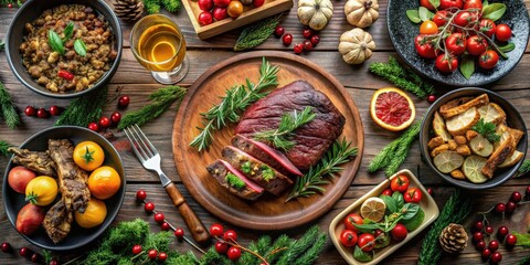 Fototapeta premium Flat lay of a festive Christmas dinner table with roasted meat steak, appetizers, and desserts , Christmas, delicious, holiday