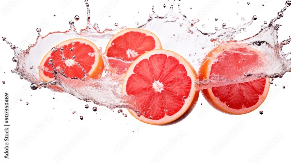 Poster falling grapefruit fruit splashes into water creating