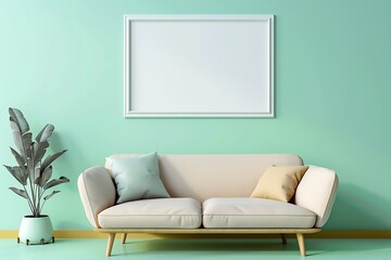 Serene Space with Single Sofa, White Frame on Mint Cream Wall, and Bold Colors