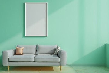 Tranquil Modern Room with Sofa, White Frame on Mint Cream Wall, and Bright Colors