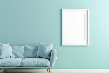 Peaceful Modern Living Space with Single Sofa and White Frame on Mint Cream Wall