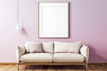 Modern and refined space with one sofa, white frame on lavender blush wall, and vibrant color highlights