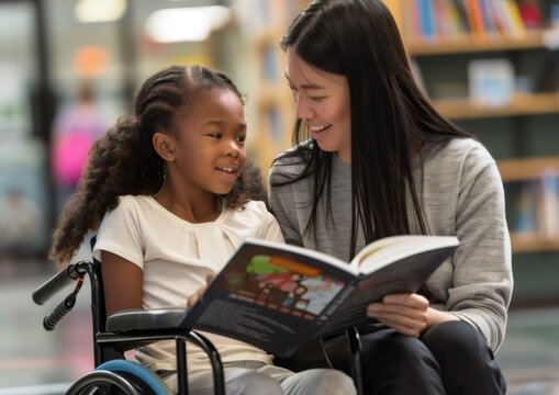 A smiling African-American schoolgirl in a wheelchair and an Asian teacher with a zu textbook are engaged in lessons
