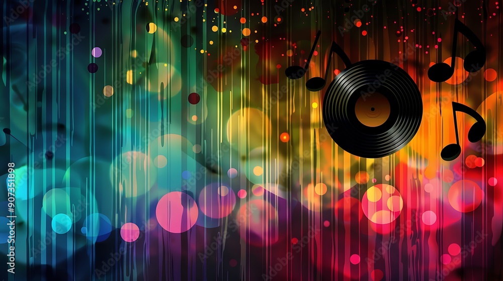 Poster vinyl record with music notes on a colorful abstract background with colorful circles and lines