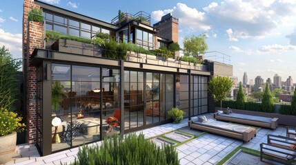 Fototapeta premium A contemporary urban townhouse with a mix of brick and metal, large windows, and a rooftop terrace with a garden and city views.