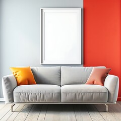 Elegant minimalist living space with a sofa, a frame mockup on a monochrome wall, and vivid tones.