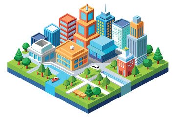 Isometric View of a Modern Cityscape with Buildings and Trees