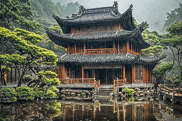 Naklejka premium Traditional Chinese house in detail with intricate wooden architecture, surrounded by a bamboo garden, during a light rain with a thin mist