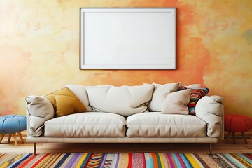 Simple room with a sofa, a blank frame on a painted wall, and colorful accents.