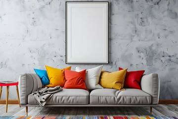 Elegant room with a single sofa, an empty frame on a seamless wall, and bright color highlights.