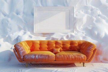 Minimalist Space Featuring Sofa, White Frame on Snow-Colored Wall, and Vibrant Accents