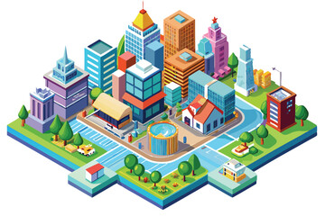 Isometric Illustration of a City with Buildings, Roads, Trees, and a Fountain