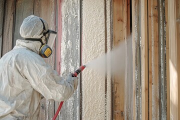 Worker in protective gear spraying foam insulation on wall