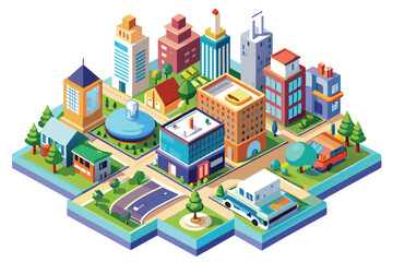 Fototapeta premium Isometric Cityscape with Buildings, Trees, and Vehicles