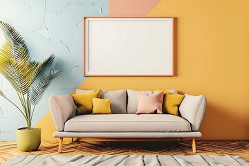 Contemporary lounge with a single sofa, empty white frame on ivory wall, and vibrant color pops