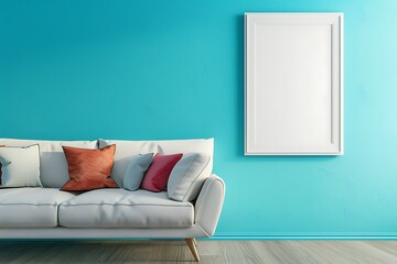 Elegant Living Area with Sofa, White Frame on Azure Wall, and Bright Colors