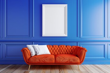 Chic Living Area with Sofa, White Frame on Azure Wall, and Vibrant Colors