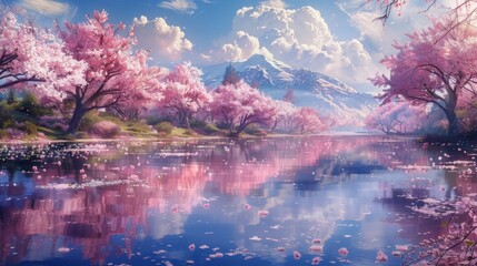 Serene Lake Surrounded by Blooming Cherry Trees